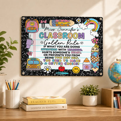 Personalized Rectangular Iron Sign for Teacher, Rainbow Classroom Golden Rule Decor, Unique Gift