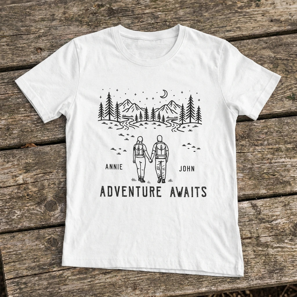 Personalized Adventure Awaits Cap or T-Shirt, Same Custom Couple Hiking Design, Outdoor Gift for Couples