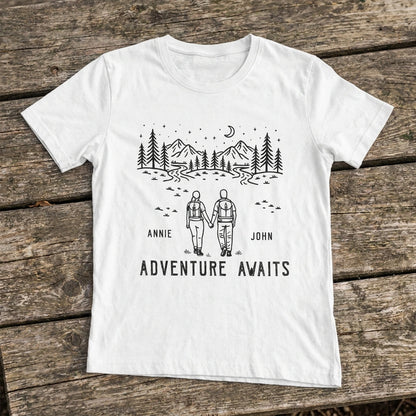 Personalized Adventure Awaits Cap or T-Shirt, Same Custom Couple Hiking Design, Outdoor Gift for Couples
