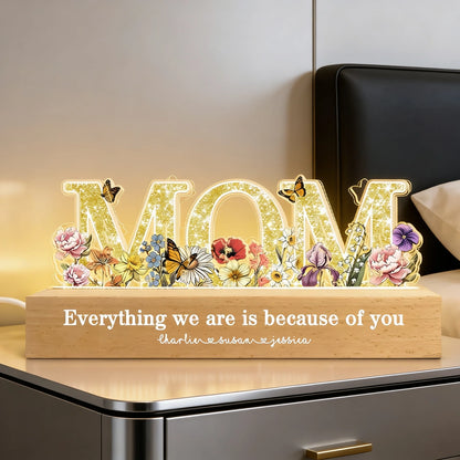 Personalized Block LED Light Plaque for Mom, Floral MOM Night Light with Custom Details, Cozy Bedroom Lamp & Heartfelt Gift
