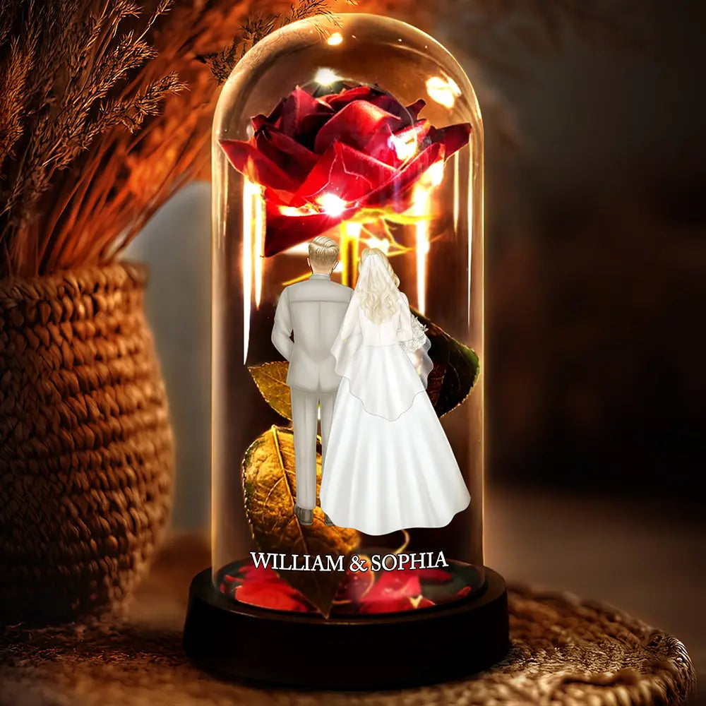 Lighted Eternal Rose Dome with Glowing Red Rose and Couple Back View, Sweet Romantic Decor, Unique Gift for Wife or Husband