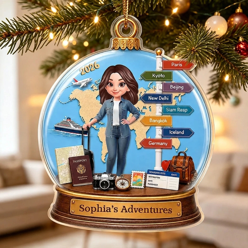 Personalized Acrylic Ornament, Blue Illustrated Woman Traveler with Luggage and World Map, Unique Gift for Travel Lovers