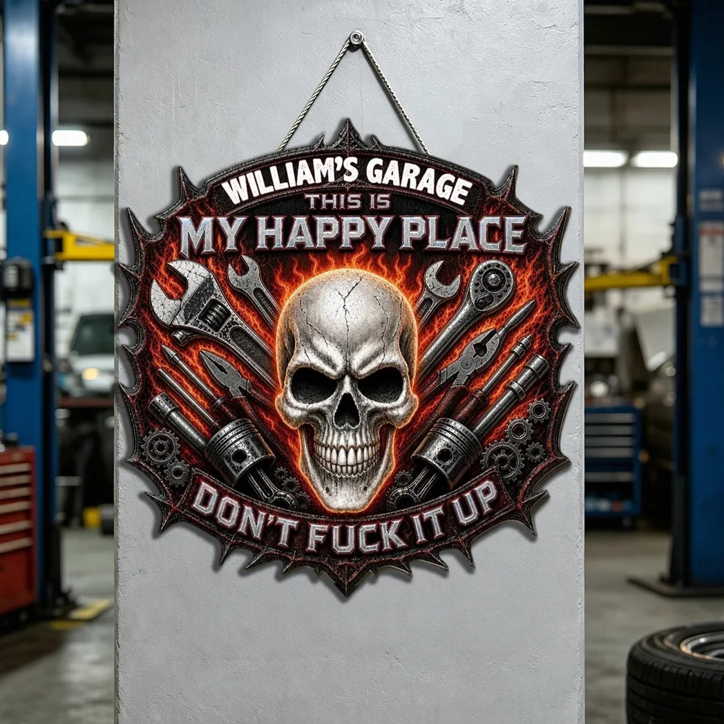 My Happy Place Personalized Wooden Sign, Gothic Garage Decor, Creative Gift for Dad Husband