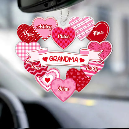 Grandma Sweethearts Acrylic Car Hanger, Personalized Heart Mirror Charm for Daily Smiles, Thoughtful Gift for Grandma