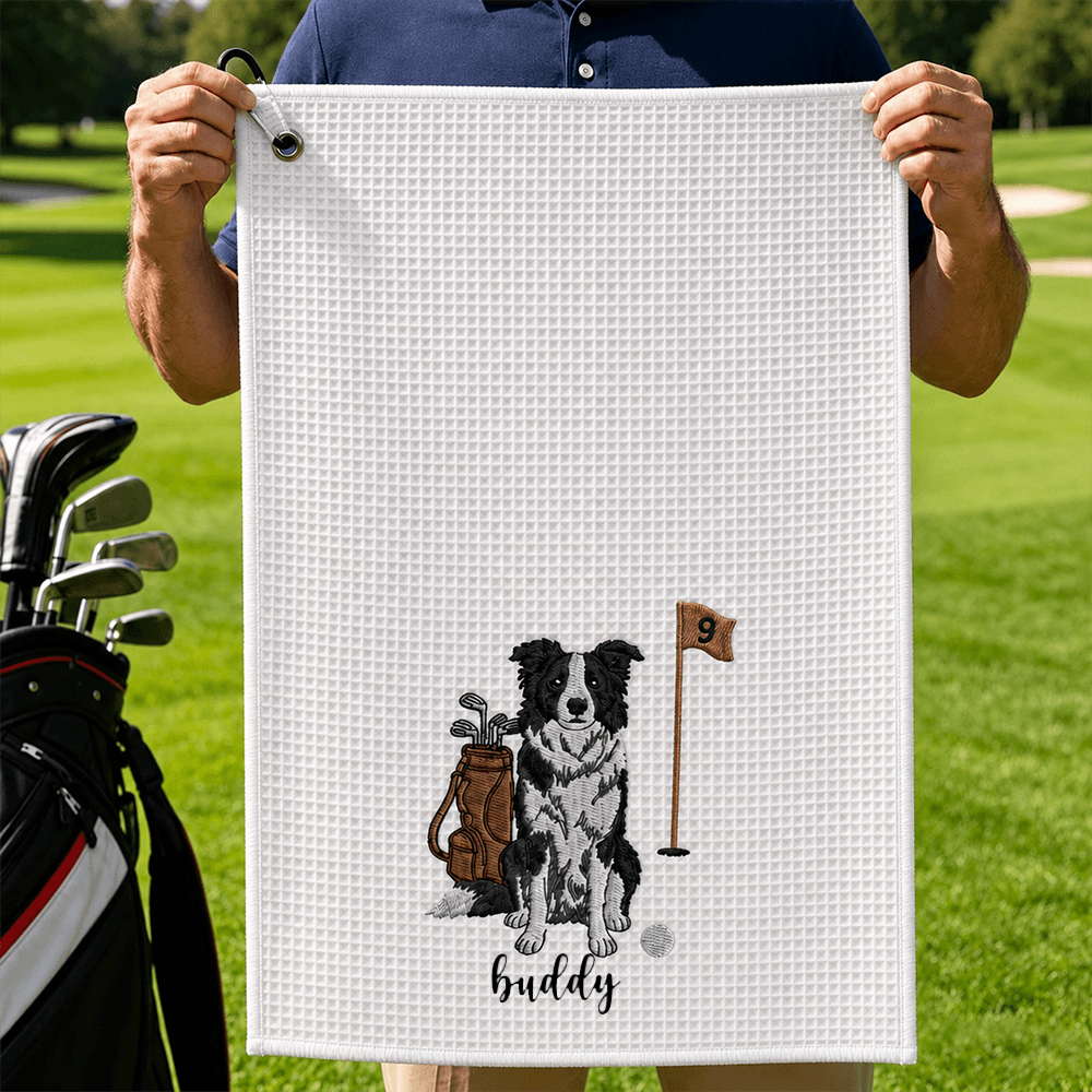 Personalized Dog Golf Towel with Photo or Embroidered Pet Portrait & Name, Custom Gift for Dog-Loving Golfers