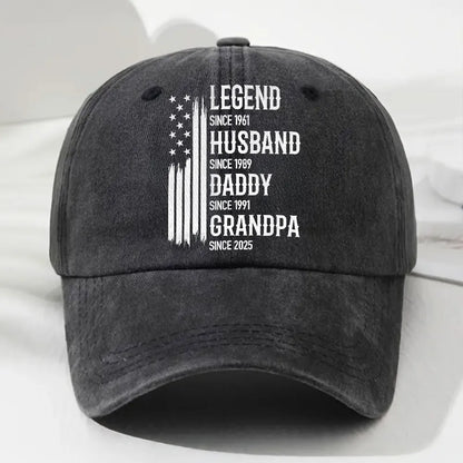 Washed Denim Baseball Cap, Personalized Legend Husband Dad Grandpa Design, Everyday Vintage Look, Creative Gift