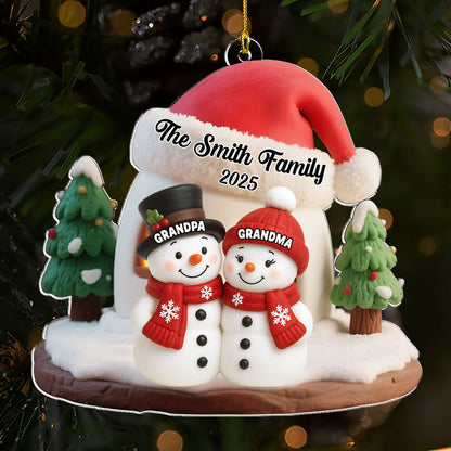 Snowman Family Ornament - Personalized Acrylic, Cozy Winter Scene, Unique Christmas Gift for Grandparents or Parents