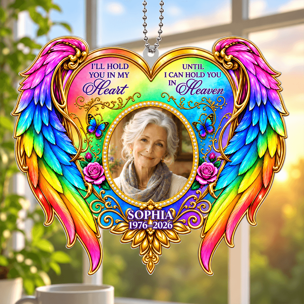 Personalized Memorial Photo Car Hanger or Ornament, Rainbow Angel Wings Keepsake, “I’ll Hold You in My Heart” Remembrance Gift