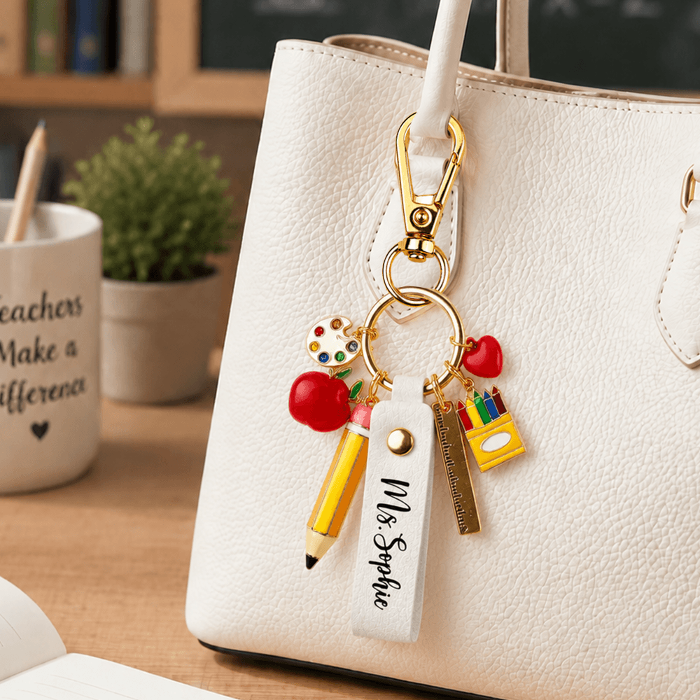 Personalized Teacher Keychain with Name, Apple, Pencil & School Charms – Unique Teacher Appreciation Gift