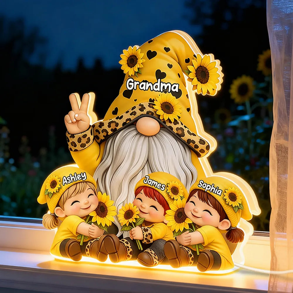 Personalized Grandma Gnome Acrylic Light Box With Sunflowers, Warm Glow Night Light, Unique Gift for Grandma