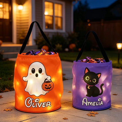 Personalized LED Light Up Fabric Basket, Ghost Carrying a Pumpkin Pail, Unique Halloween Gift for Kids