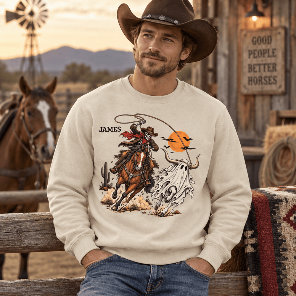 Personalized Halloween Cowboy Sweatshirt with Name, Spooky Ghost Bull & Orange Moon, Western Gift for Horse Lovers