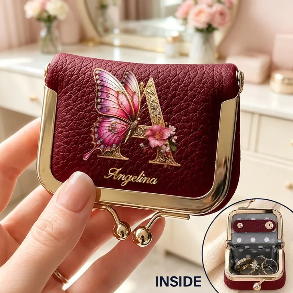 Personalized Kiss Lock Jewelry Case, Burgundy Floral Monogram & Butterfly Keepsake, Unique Gift for Her