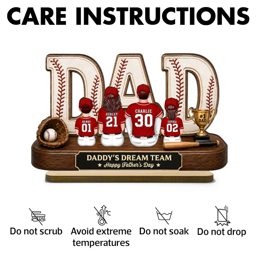 Baseball Daddy's Dream Team Wooden Plaque with Back View Family, Creative Gift for Dad & Baseball Fans