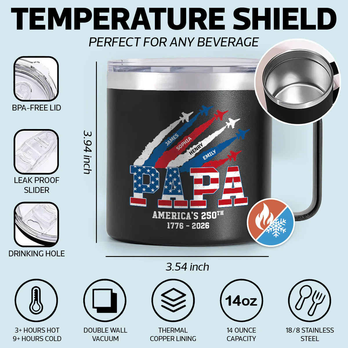 Personalized Stainless Steel Coffee Mug, Papa America's 250th Jets, Unique Gift for Grandpa