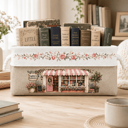 Personalized Bookstore Basket with Birth Month Flowers & Custom Name, Unique Gift for Book Lovers