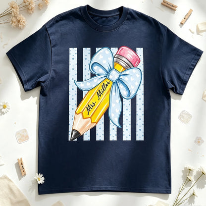 Personalized Classic Tee, Watercolor Pencil & Blue Bow, Unique Teacher Gift for Classroom Style