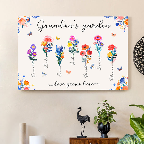 Personalized Grandma’s Garden Poster - Custom Grandkids’ Names & Flowers - Family Gift for Grandmother