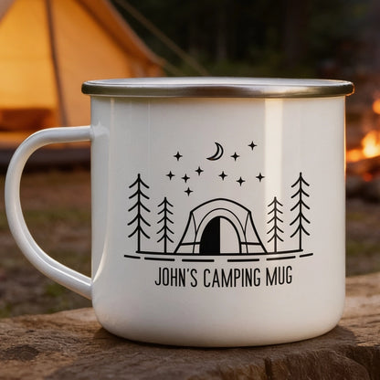 Personalized Enamel Mug, Moonlit Camping Tent & Pine Trees, Unique Gift for Camper