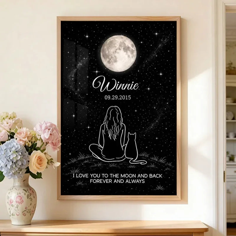 Personalized I Love You to the Moon and Back Cat Memorial Canvas, Seated Woman and Cat, Unique Sympathy Gift for Pet Owners