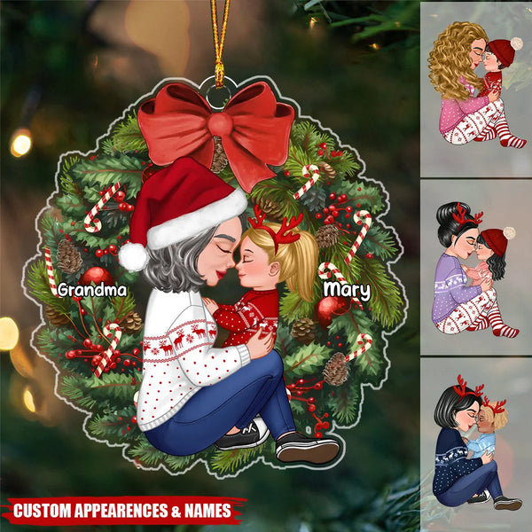 Grandma Mom Hugging Kid Sitting On Christmas Wreath Personalized Ornament or Plaque or Keychain or Poster