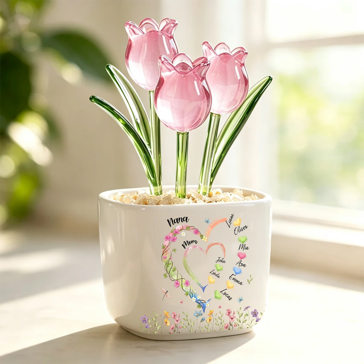 Personalized Family Heart Ceramic Planter with Glass Flowers, Custom Kids Names Gift for Mom or Grandma