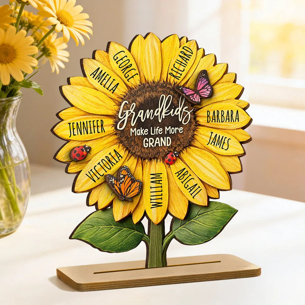 Personalized Sunflower 2-Layer Wooden Plaque for Grandma, Grandkids Make Life More Grand, Unique Gift for Her