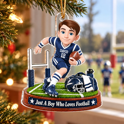 Personalized Acrylic Ornament, Cartoon Boy Playing Football by Goalpost, Unique Christmas Gift for Son or Grandson