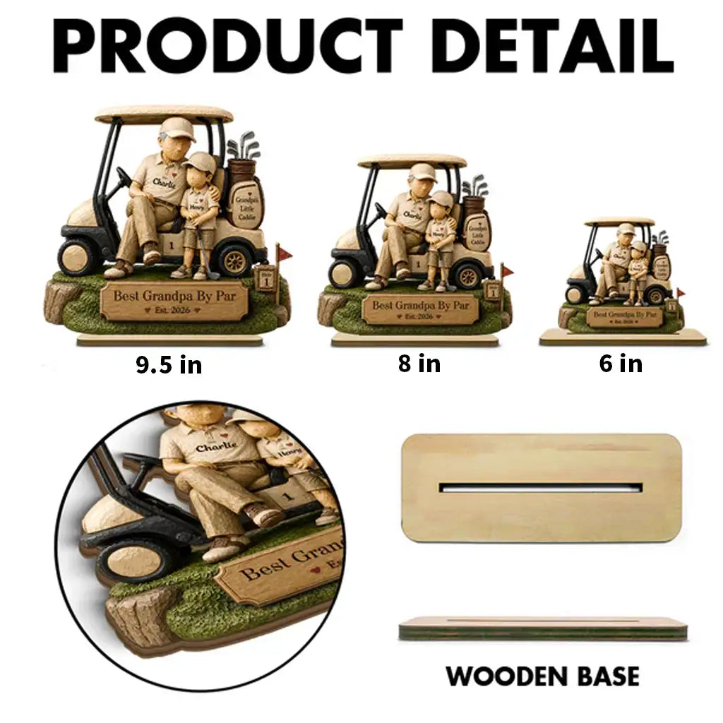Personalized 2-Layer Wooden Plaque, Grandpa & Little Caddie Golf Cart Scene, Unique Gift for Grandpa
