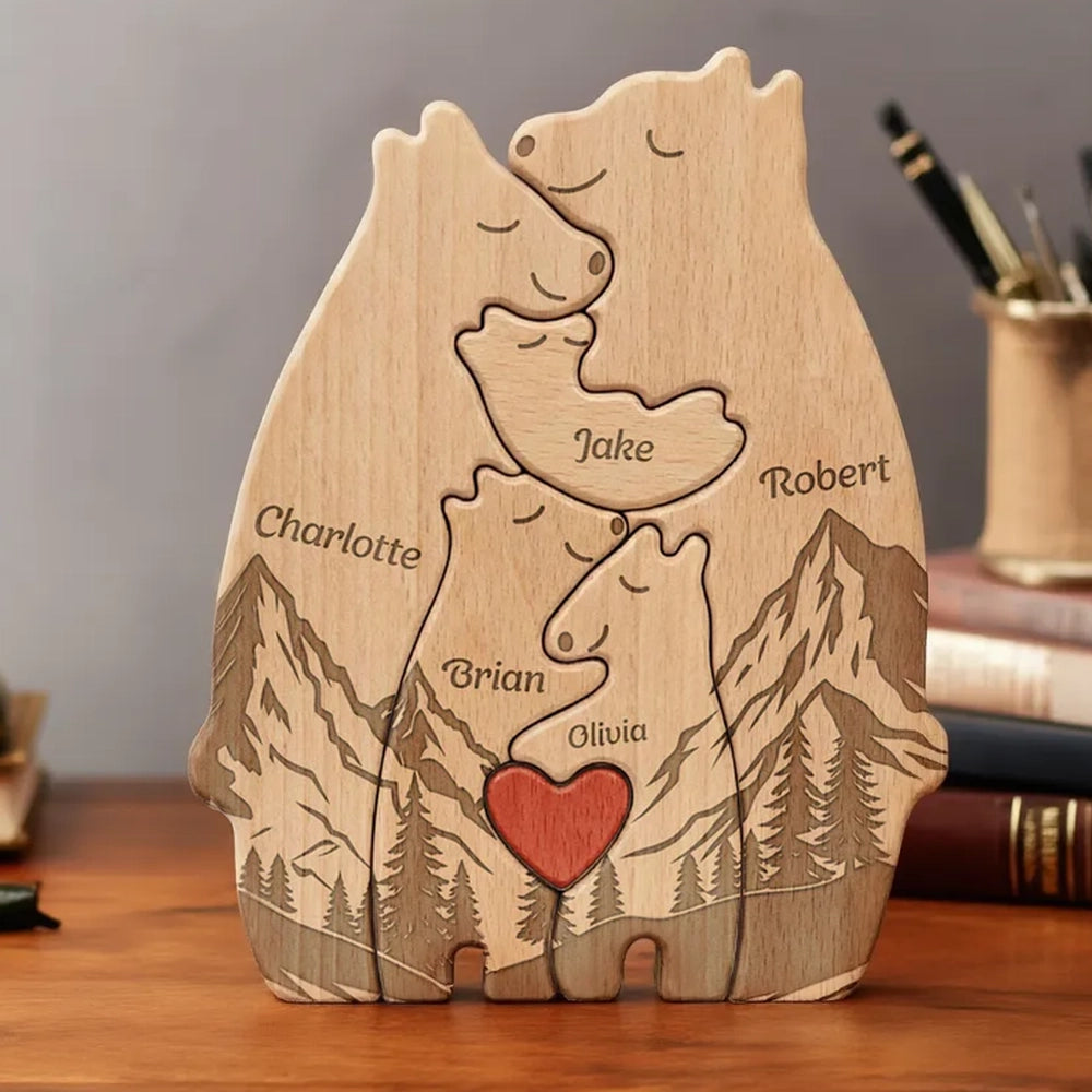 Personalized Wooden Bear Family Puzzle With Mountain Scene, Unique Father's Day Gift For Dad, Heartwarming Keepsake Decor
