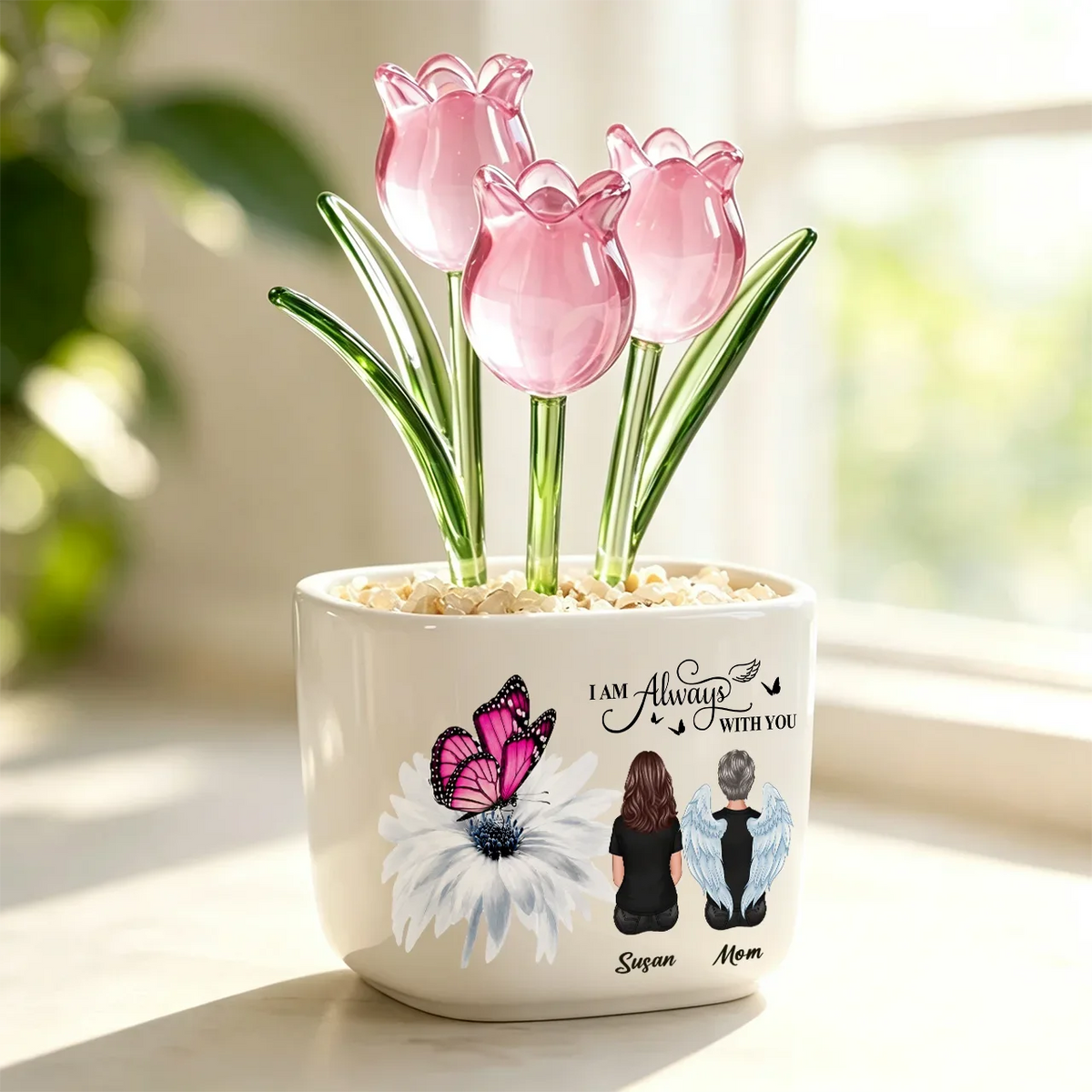 Personalized Memorial Planter with Glass Flowers, In Loving Memory of a Loved One, Sympathy & Remembrance Gift for Family