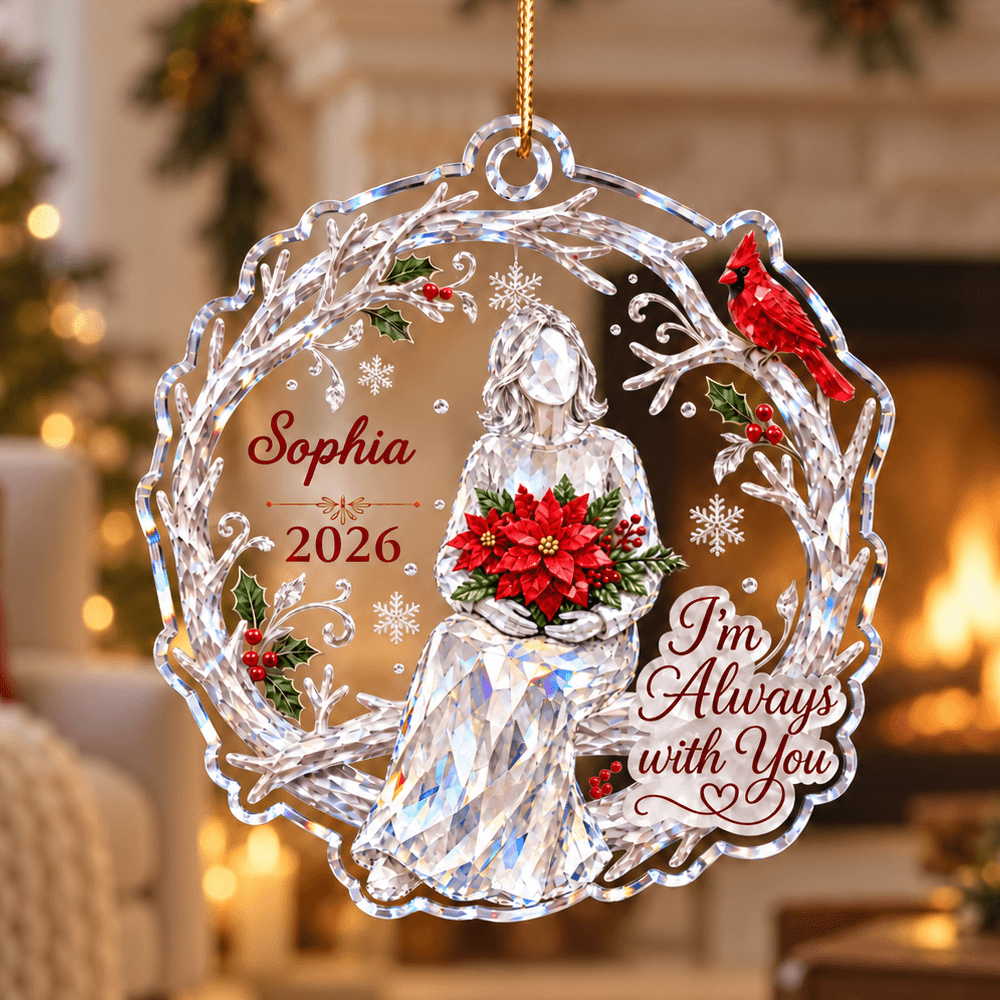 Personalized Memorial Acrylic Ornament with Custom Name and Year, Crystal-Style Angel and Red Cardinal, Sympathy Gift for Family
