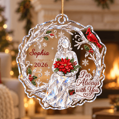 Personalized Memorial Acrylic Ornament with Custom Name and Year, Crystal-Style Angel and Red Cardinal, Sympathy Gift for Family