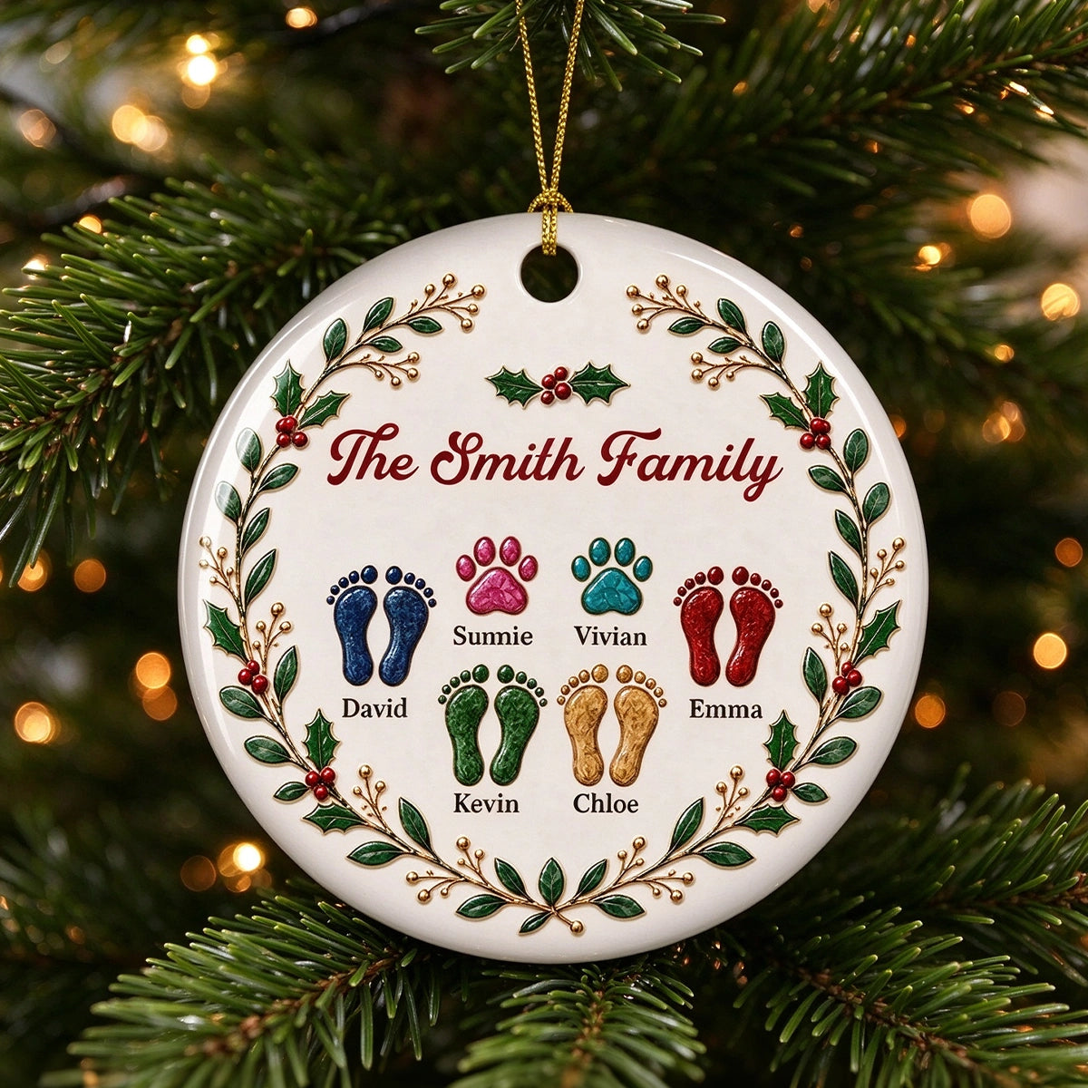 Personalized Ceramic Ornament with Family and Pet Footprints, Holly Wreath, Unique Christmas Gift for Family