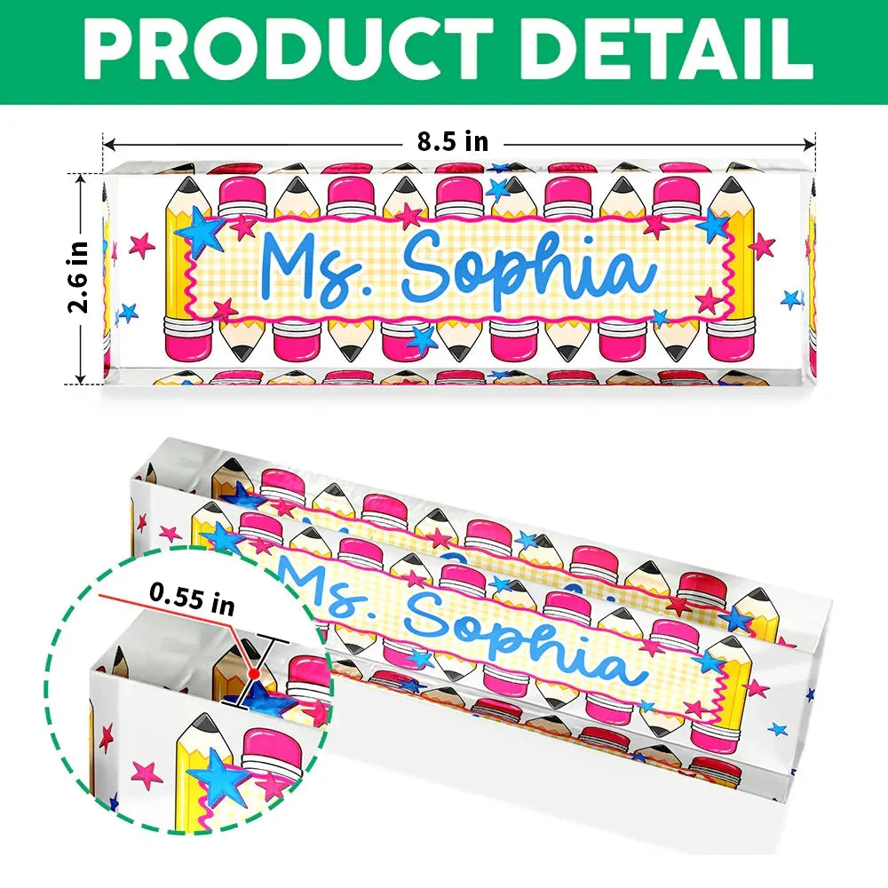 Personalized Rectangle Acrylic Block Plaque with Colorful Pencil Art, Classroom Desk Decor, Creative Teacher Gift