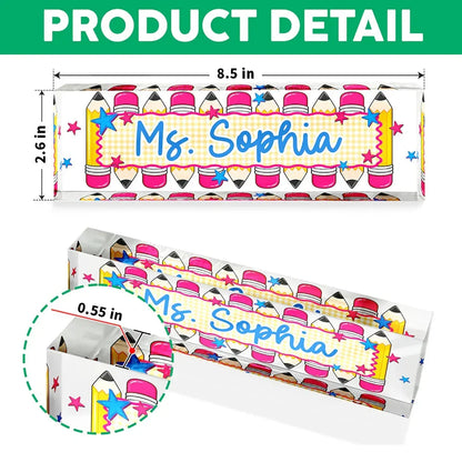 Personalized Rectangle Acrylic Block Plaque with Colorful Pencil Art, Classroom Desk Decor, Creative Teacher Gift