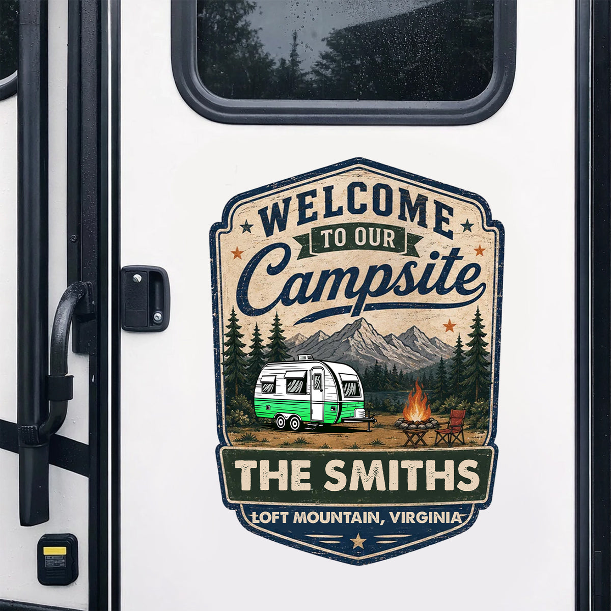 Personalized Campsite Sticker Decal, Vintage Camper & Mountain Scene, Unique Gift for Campers