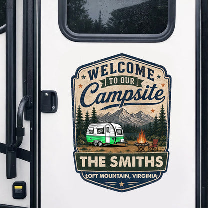 Personalized Campsite Sticker Decal, Vintage Camper & Mountain Scene, Unique Gift for Campers