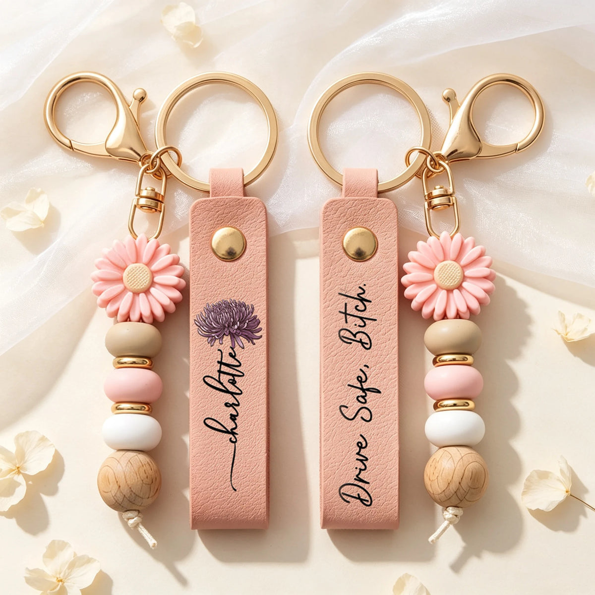 Personalized Daisy Keychain with Birth Flower, Pastel Beads and Bestie Message, Unique Gift for Best Friend