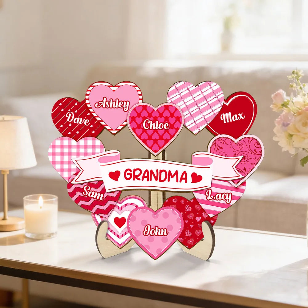 2-Layer Wooden Plaque with Pink Heart Bouquet and Grandma Banner, Personalized Grandkids Names, Heartfelt Gift