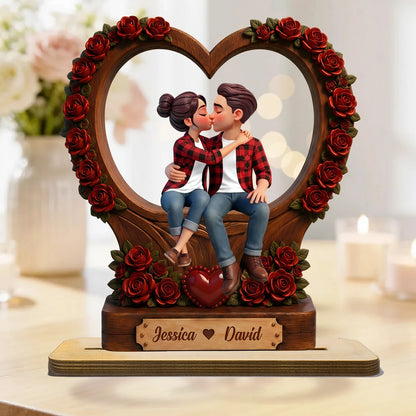 Personalized Wooden Plaque With Kissing Couple & Red Roses, Unique Gift for Couples