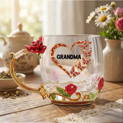 Personalized Enamel Flower Tea Cup for Grandma - Butterfly Heart Design, Unique Gift for Her Tea Moments