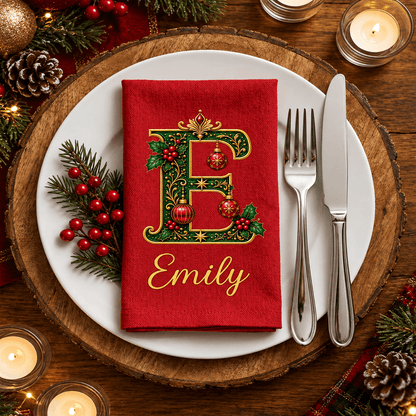Personalized Reusable Cotton Napkin, Ornate Festive Initial Design for Family Table, Unique Christmas Gift