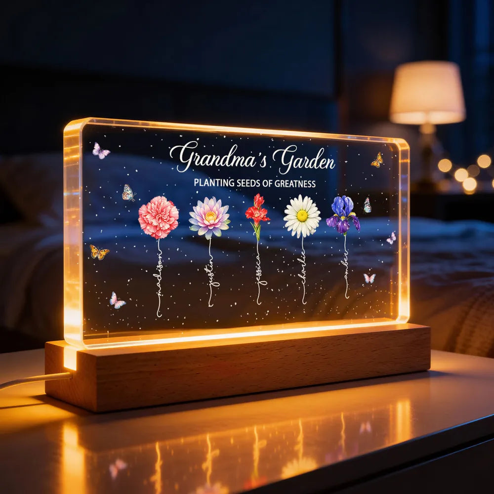 Grandma's Garden Block LED Light Plaque, Personalized Keepsake Lamp with Warm Glow, Thoughtful Gift for Grandma and Family