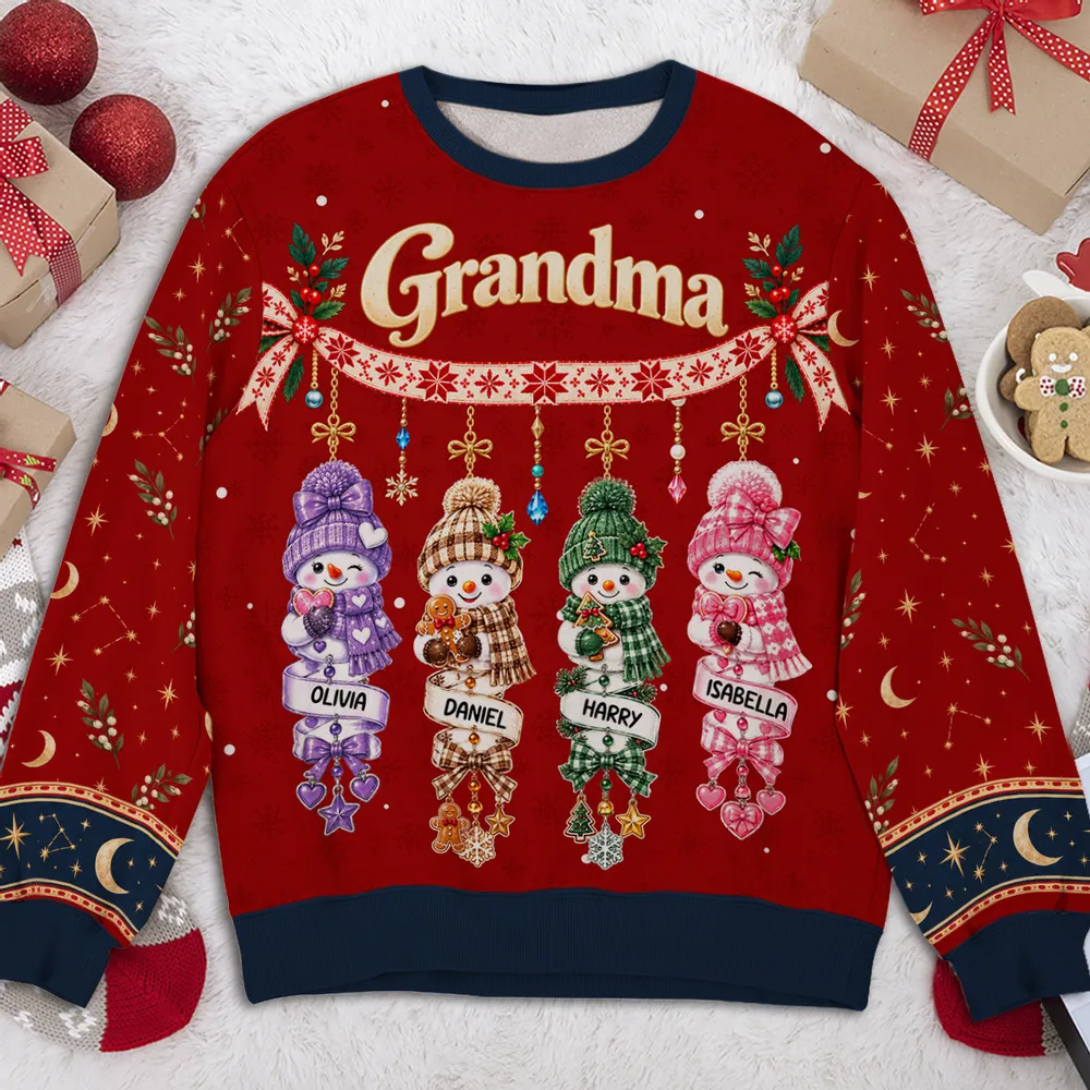 Grandma Printed Sweatshirt, Personalized Snowman Family in Festive Red, Creative Christmas Gift from Grandkids
