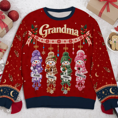Grandma Printed Sweatshirt, Personalized Snowman Family in Festive Red, Creative Christmas Gift from Grandkids