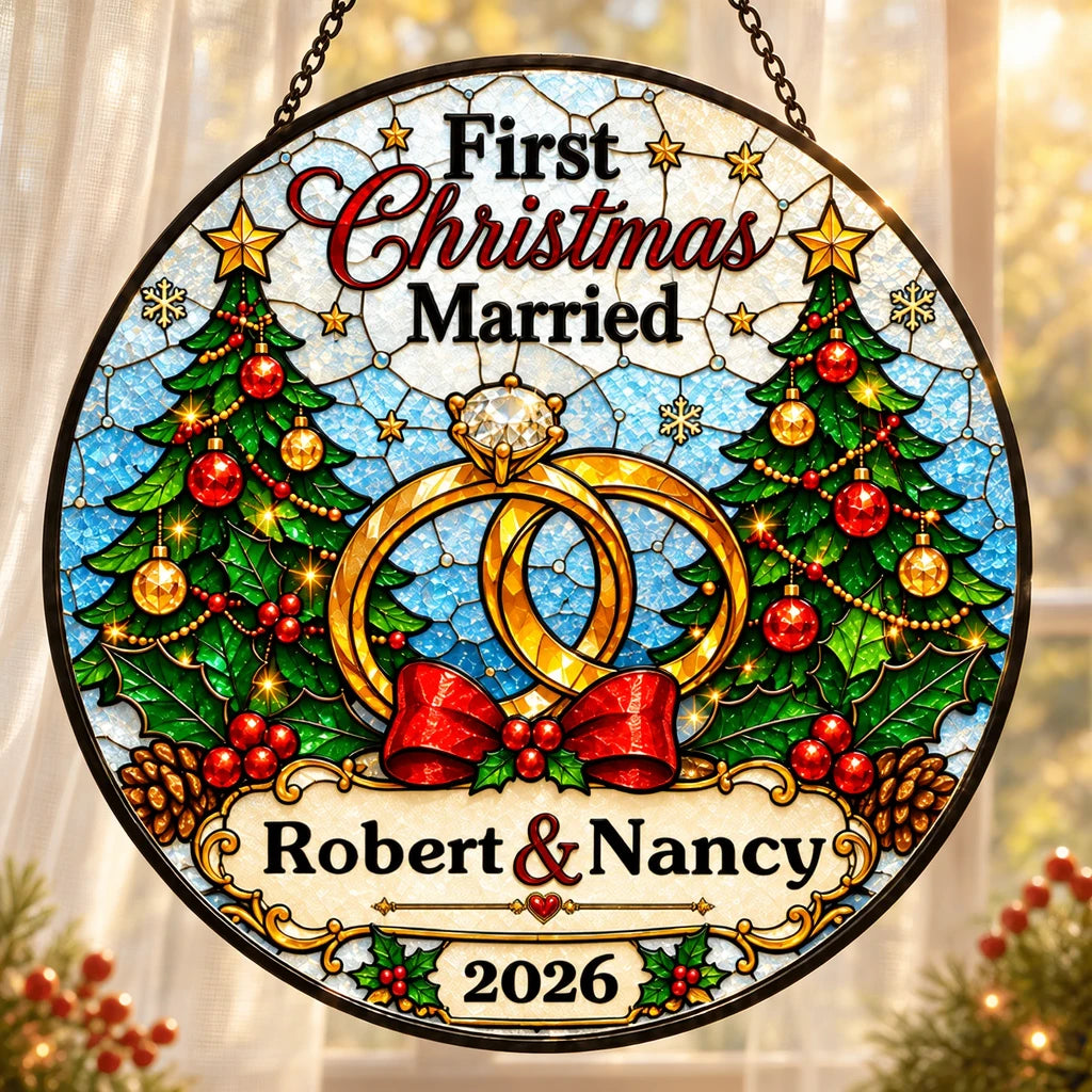 Personalized First Christmas as a Married Couple Suncatcher Ornament, Custom Names & Year, Romantic Newlywed Christmas Gift