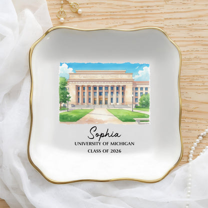 Personalized University Jewelry Dish with Campus Illustration, Unique Graduation Keepsake Gift for Her