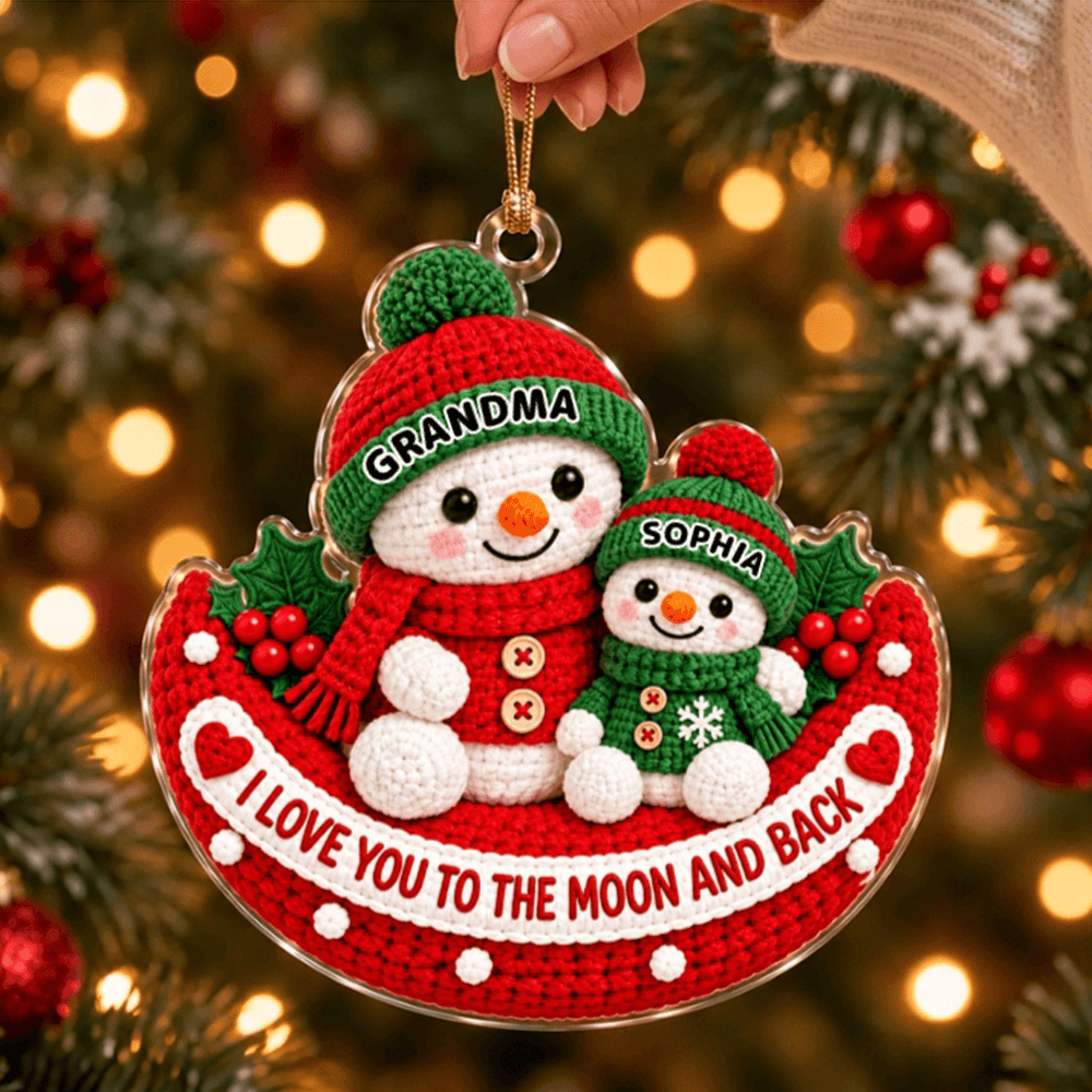 Personalized Crochet-Style Snowman Acrylic Ornament, Grandma & Grandkid Christmas Gift, Love You to the Moon and Back