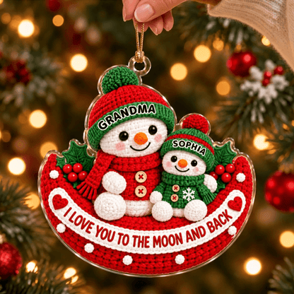 Personalized Crochet-Style Snowman Acrylic Ornament, Grandma & Grandkid Christmas Gift, Love You to the Moon and Back